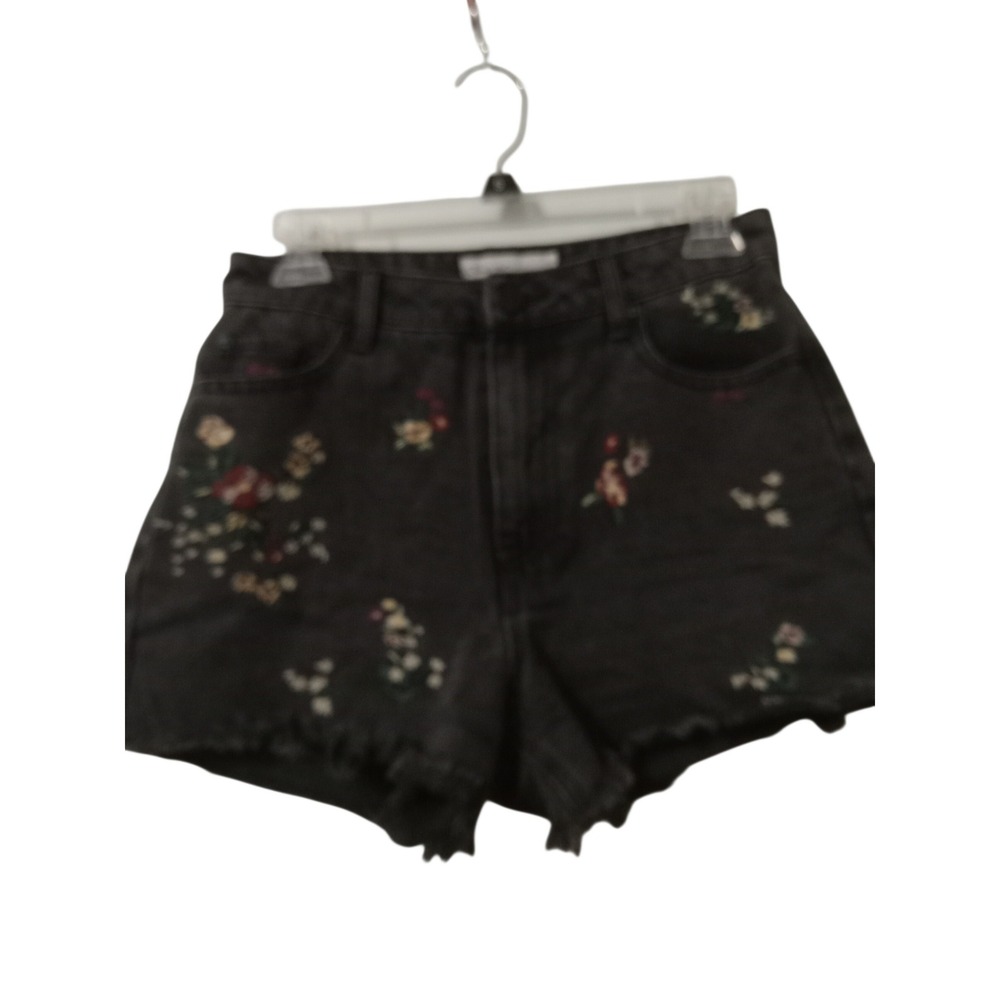 Banjara Floral Embroidered Denim Shorts Black Frayed Hem Boho Festival Size 5 26